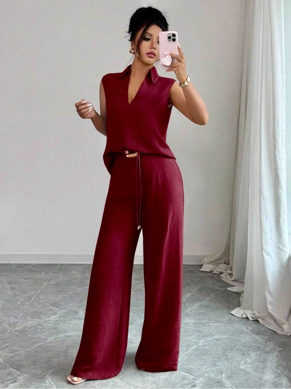 Sleeveless V-Neck Two Piece Set in Burgundy